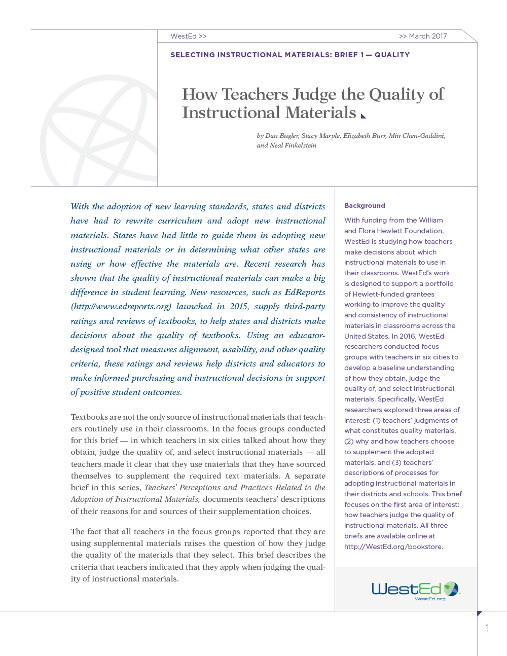 How Teachers Judge the Quality of Instructional Materials 