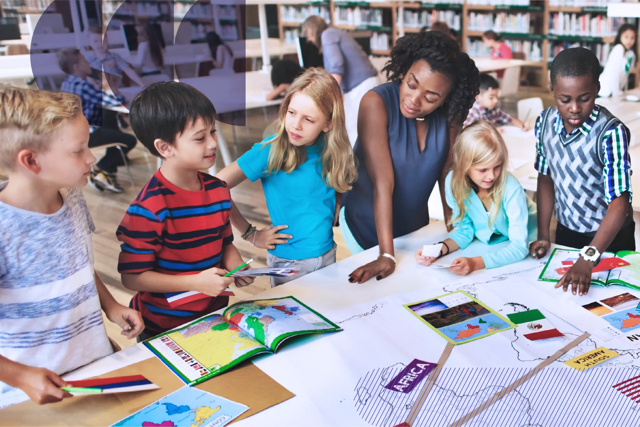 A teacher with their elementary school students gathered around a table