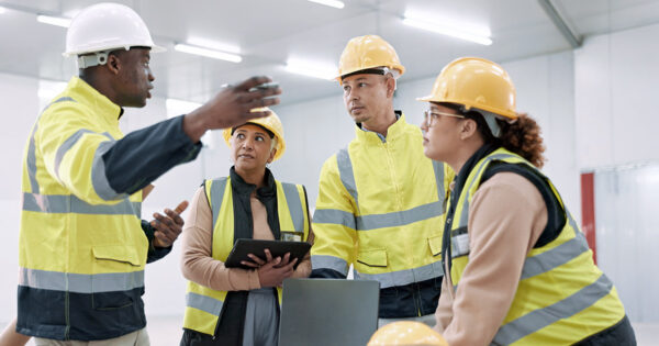 A diverse group of four workers in hard hats and safety vests collaborate on a warehouse floor, representing the skilled trades careers open to job seekers with technical training.