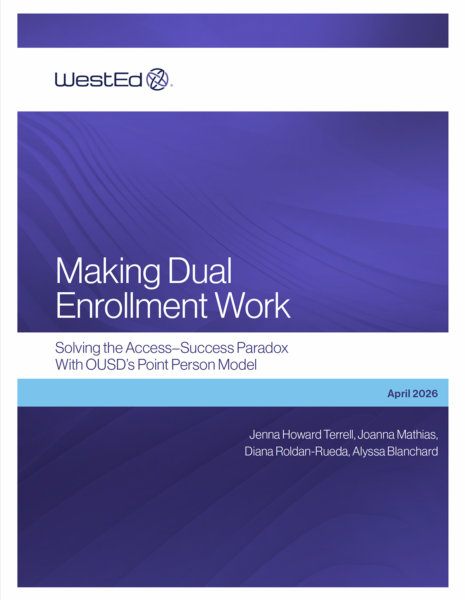 Cover page of a WestEd report titled "Making Dual Enrollment Work: Solving the Access–Success Paradox With OUSD's Point Person Model" by Jenna Howard Terrell, Joanna Mathias, Diana Roldan-Rueda, and Alyssa Blanchard, April 2026.