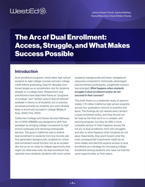 Cover page of a WestEd brief titled "The Arc of Dual Enrollment: Access, Struggle, and What Makes Success Possible" by Jenna Howard Terrell, Joanna Mathias, Alyssa Blanchard, and Diana Roldan-Rueda, examining dual enrollment outcomes for California high school students across four graduation cohorts