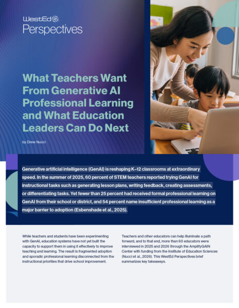 Cover page of a WestEd Perspectives brief titled "What Teachers Want From Generative AI Professional Learning and What Education Leaders Can Do Next" by Drew Nucci, featuring a photo of a teacher assisting a young student at a laptop and key findings on GenAI adoption in K–12 classrooms