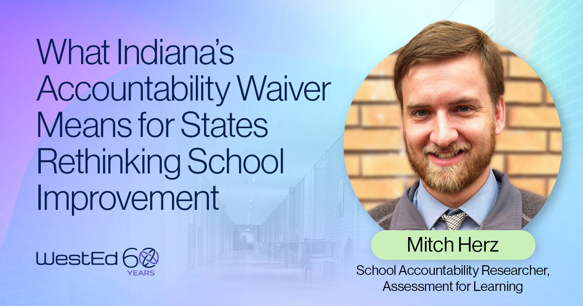 Blog post graphic for WestEd featuring author Mitch Herz, School Accountability Researcher, with the title "What Indiana's Accountability Waiver Means for States Rethinking School Improvement."