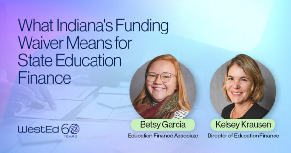 Promotional graphic for a WestEd blog post titled "What Indiana's Funding Waiver Means for State Education Finance," featuring headshots of authors Betsy Garcia, Education Finance Associate, and Kelsey Krausen, Director of Education Finance. The WestEd 60 Years logo appears in the bottom left corner.