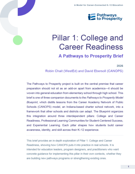 Cover of the WestEd resource "Pillar 1: College and Career Readiness, A Pathways to Prosperity Brief," with the Pathways to Prosperity logo and purple, gray, and green shapes.