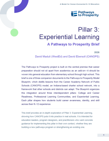 Cover of the WestEd resource "Pillar 3: Experiential Learning, A Pathways to Prosperity Brief," with the Pathways to Prosperity logo and purple and green shapes.