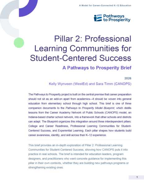 Cover of the WestEd resource "Pillar 2: Professional Learning Communities for Student-Centered Success, A Pathways to Prosperity Brief," with the Pathways to Prosperity logo and purple and green shapes.