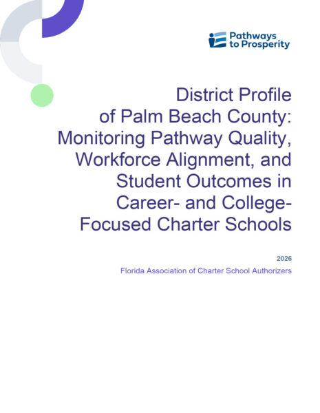 Cover of the resource "District Profile of Palm Beach County: Monitoring Pathway Quality, Workforce Alignment, and Student Outcomes in Career- and College-Focused Charter Schools," with the Pathways to Prosperity logo and purple, gray, and green shapes.