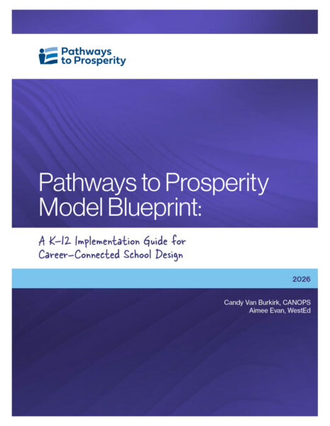 Cover of the resource "Pathways to Prosperity Model Blueprint: A K–12 Implementation Guide for Career-Connected School Design," with the Pathways to Prosperity logo.