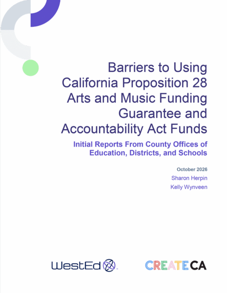 Cover of the WestEd and CREATE CA report "Barriers to Using California Proposition 28 Arts and Music Funding Guarantee and Accountability Act Funds: Initial Reports From County Offices of Education, Districts, and Schools."