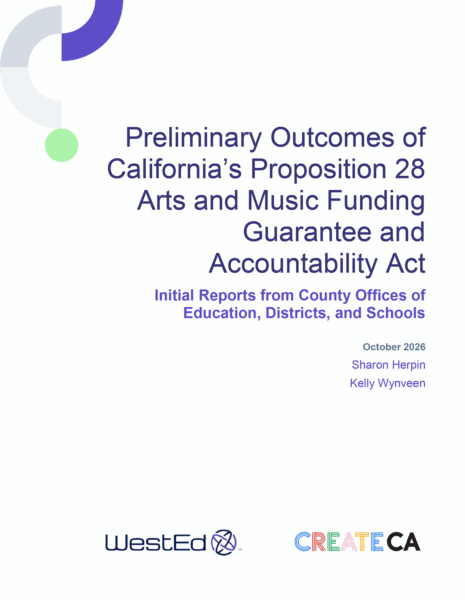 Cover of the WestEd and CREATE CA report "Preliminary Outcomes of California's Proposition 28 Arts and Music Funding Guarantee and Accountability Act: Initial Reports From County Offices of Education, Districts, and Schools."